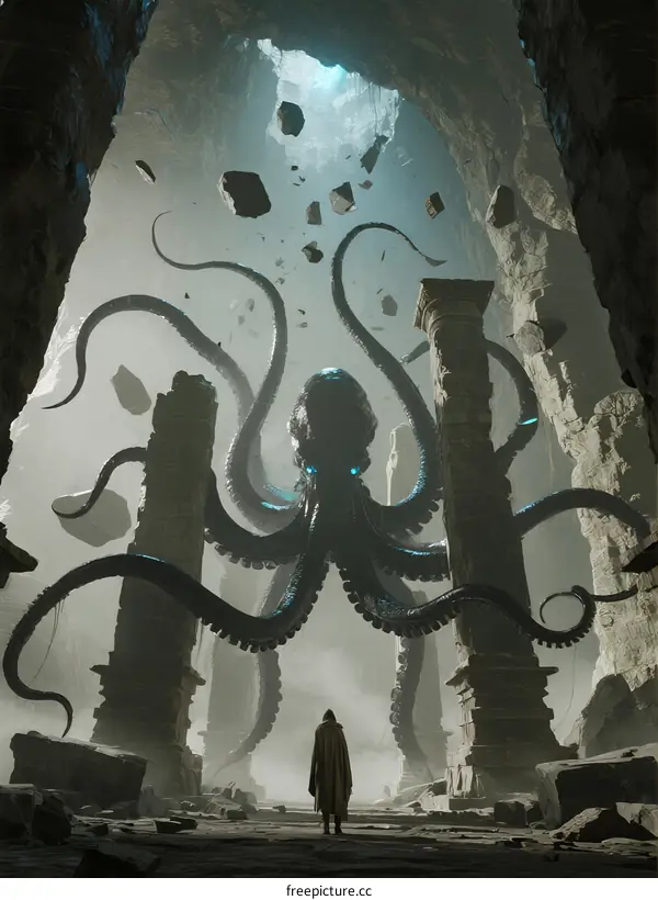 Giant Octopus in Ancient Sunken Temple with Ruined Columns