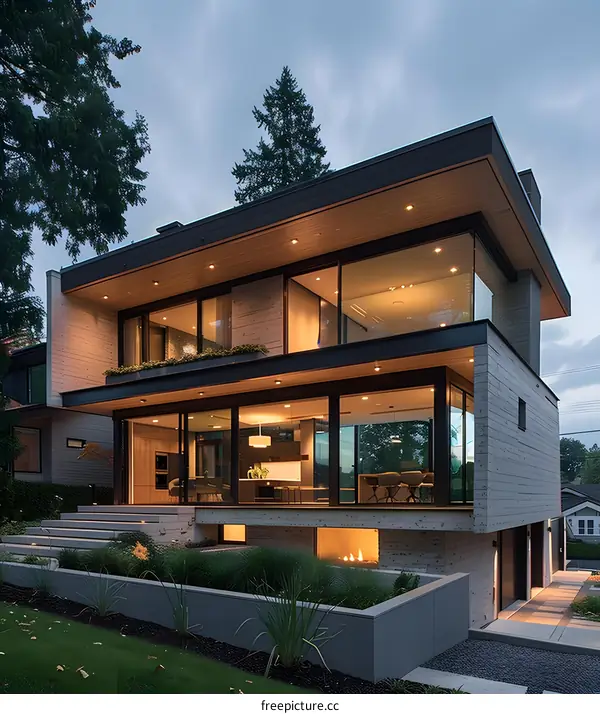 Modern Home Exterior With Stone Walls And Large Windows