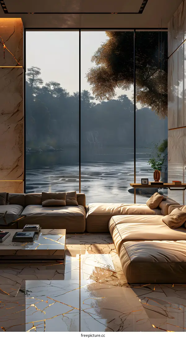Modern living room with lake view