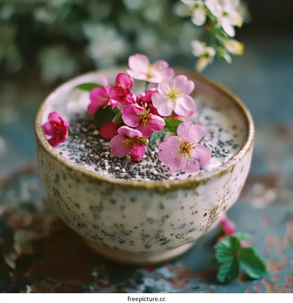 Chia seed pudding topped with pink flowers