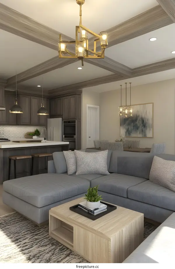 Modern Interior Design Living Room with Sectional Sofa and Chandelier