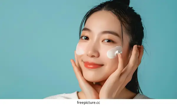 Woman Applying Facial Cream on Blue Background