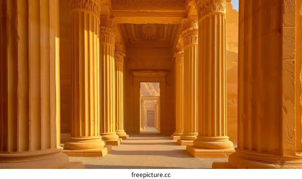 An illustration of an ancient Egyptian temple with columns and a doorway