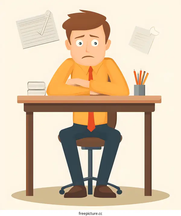 Sad Businessman Sitting At Desk With Papers Flying Around