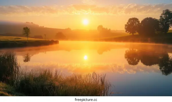 Stunning sunrise over a tranquil lake in the countryside