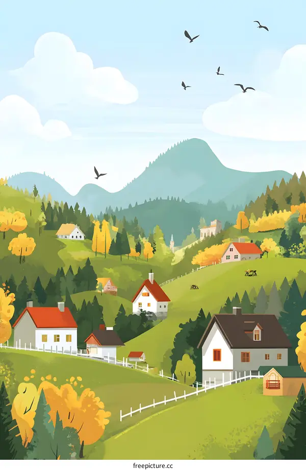 Autumn Landscape With Houses And Mountains