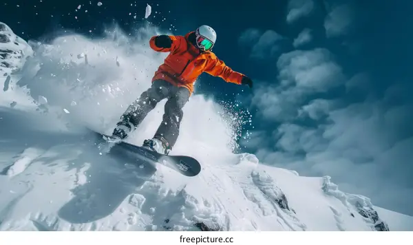 Young man snowboarding down a snowy mountain slope
