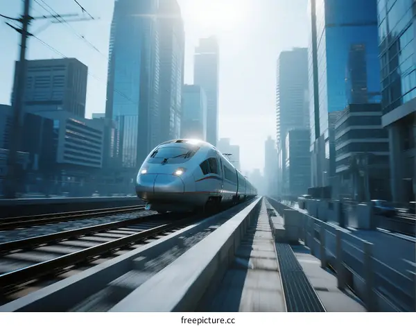 High-speed train moving through modern urban cityscape with tall buildings
