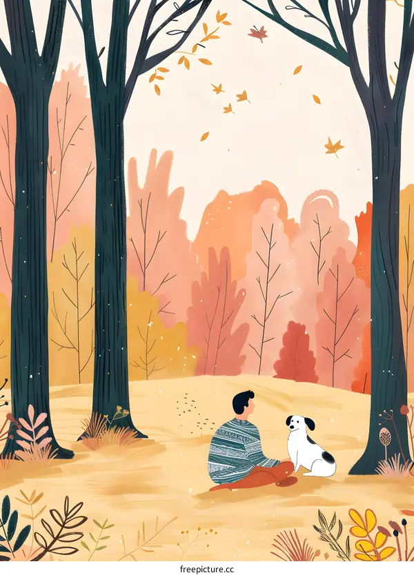 Autumn Forest with a Man and a Dog