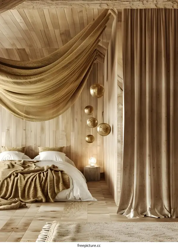 Modern Minimalist Bedroom With Wooden Walls And Drapes