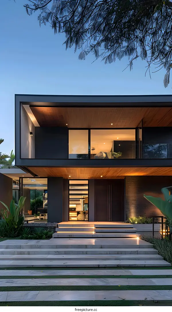 Modern Architecture House Entrance With Steps And Landscaping