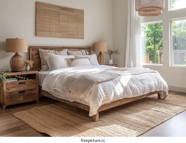 A large bed with a rug and a few pieces of furniture