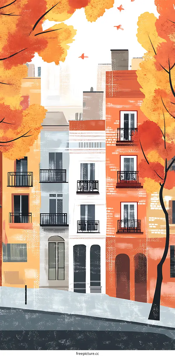 Autumn Cityscape Illustration With Buildings And Trees