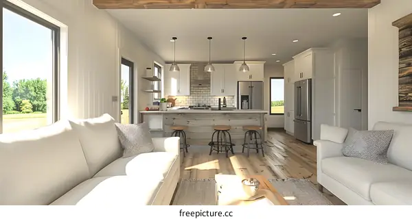 An illustration of a modern living room with white walls and a wood-beamed ceiling