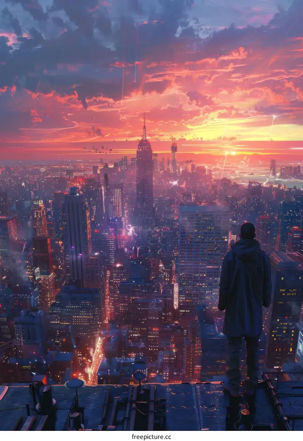 Cityscape at Sunset with a Person