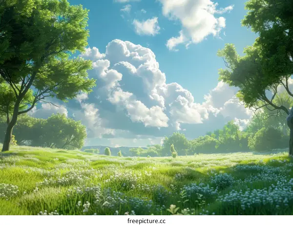 Idyllic Green Field with White Flowers and Serene Blue Sky
