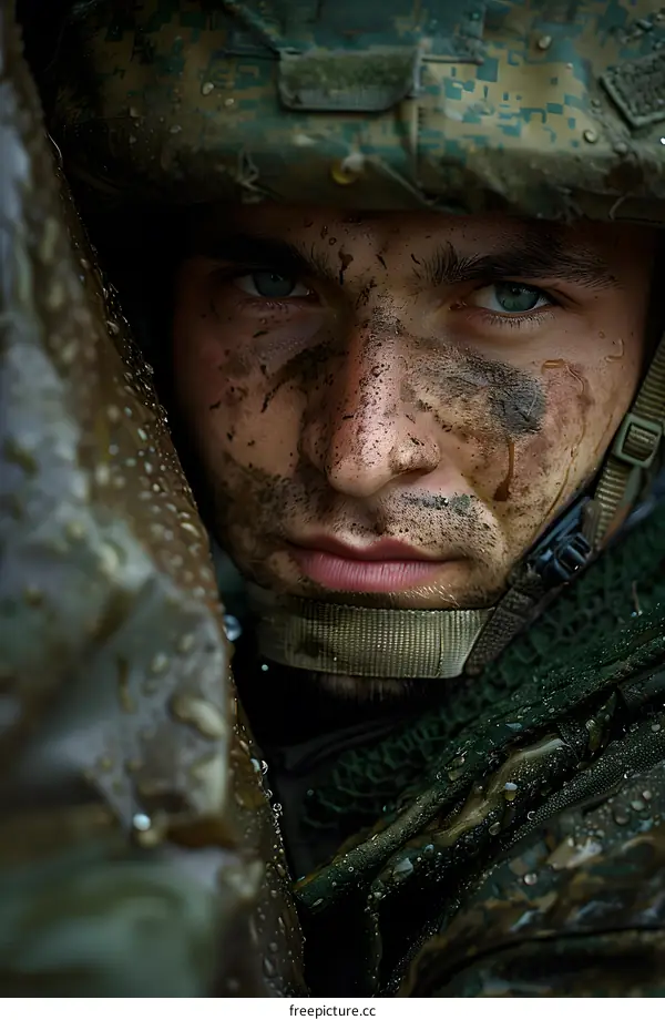 Portrait of a soldier with green eyes and a dirty face