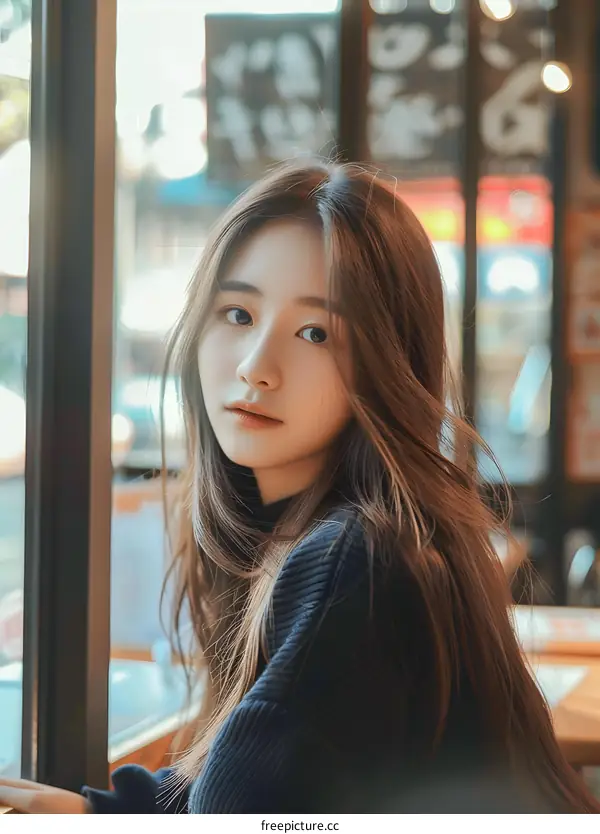 Young Asian Woman Looking Through a Window