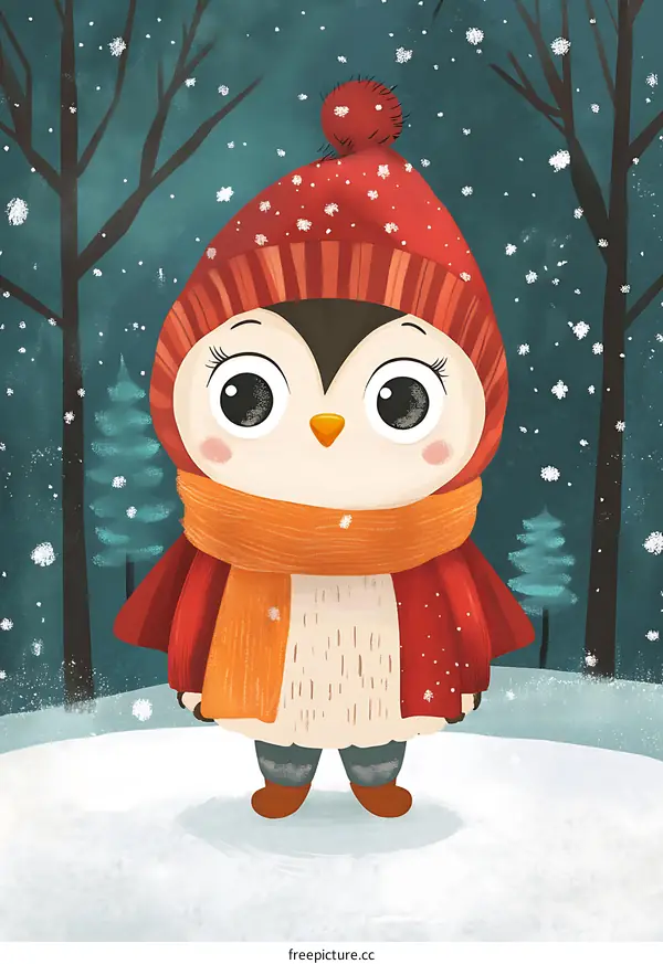 Cute Penguin Wearing Winter Hat and Scarf in Snowy Forest
