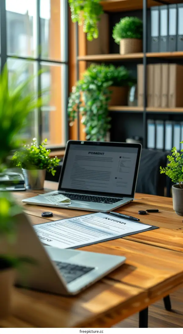Modern home office desk with computer and plants