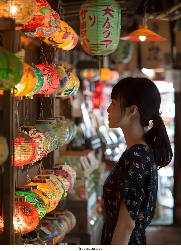 A woman looking at colorful lanterns in a shop.