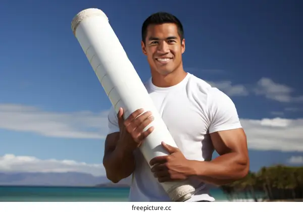 Smiling man holding a roll of paper on the beach