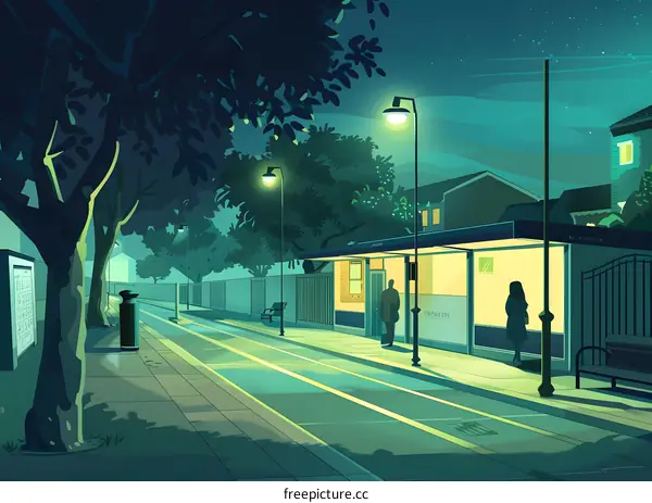 Nighttime Street Scene with Two People Waiting at a Bus Stop