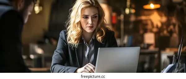 Business Woman Working on Laptop in Coffee Shop
