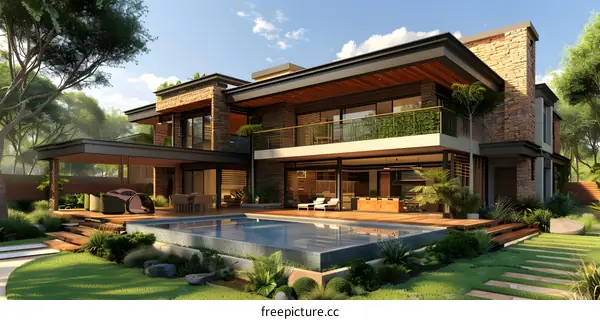 Modern House with Swimming Pool and Lush Greenery