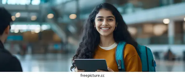 Smiling Young Woman Using Tablet Computer in Airport