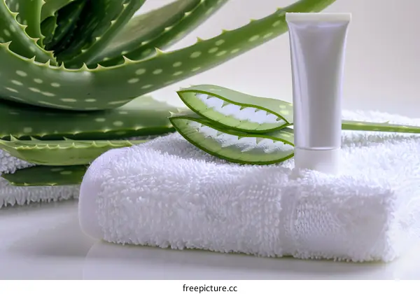 Aloe Vera Plant, Cream Tube, White Towel, Beauty Product