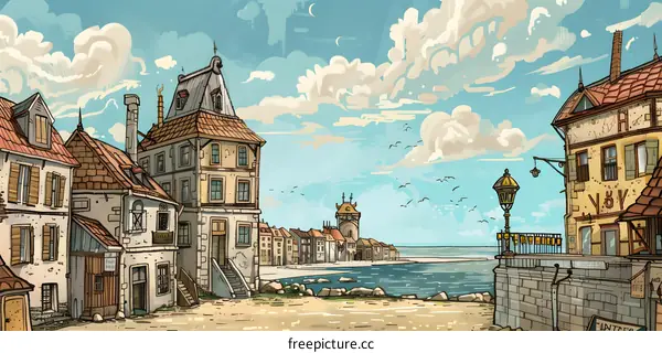 Coastal Town With Cloudy Sky And Sea View