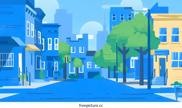 Blue Buildings, Green Trees, and a Blue Sky in a City Street Illustration