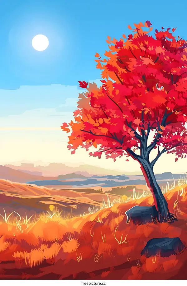 Red Autumn Tree on a Hilltop Landscape