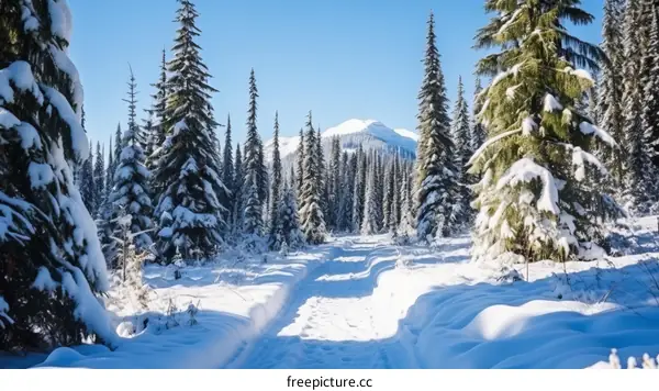Winter Wonderland of Snow-Covered Trees Along a Winding Path