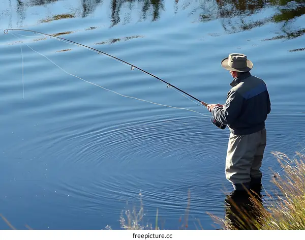 Man Fishing in a River with a Rod