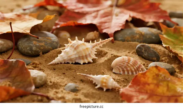 Autumn leaves and seashells scattered on sandy beach with pebbles