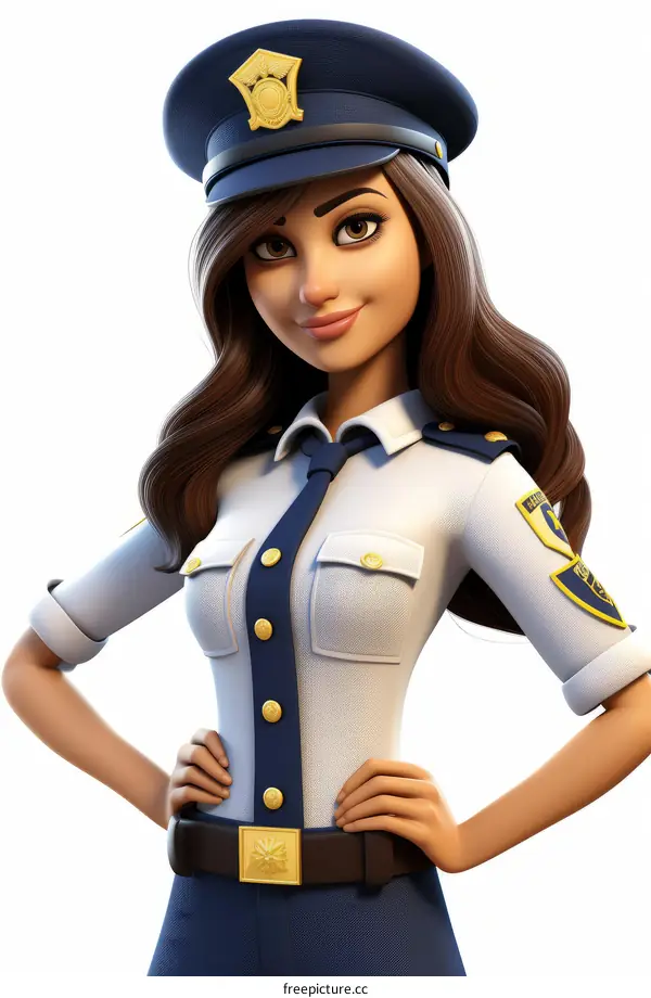 A policewoman with long brown hair and brown eyes is standing with her hands on her hips.
