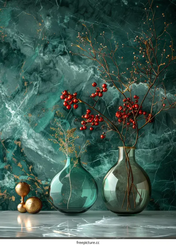 Teal Glass Vases with Christmas Decorations on Teal Marble Background