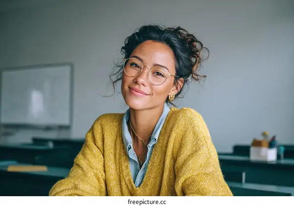 Woman in a Yellow Cardigan in a Classroom
