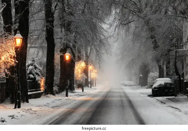 Snowy Winter Evening Street Scene with Warm Light