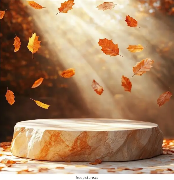 Autumn Leaves Falling on a Wooden Pedestal