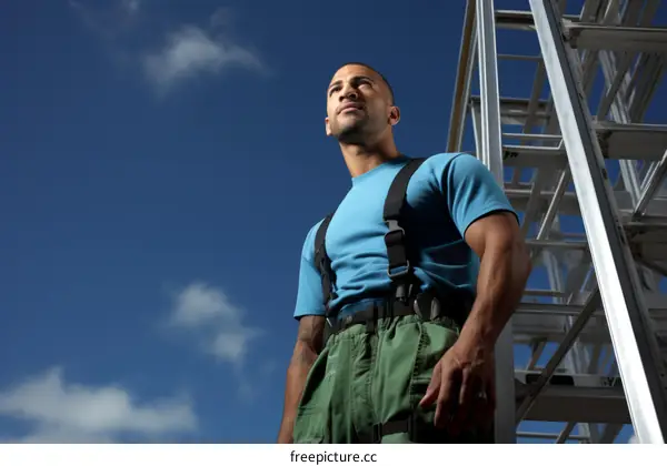 Firefighter in protective gear standing in front of a ladder