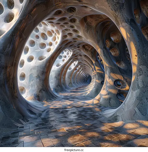 Futuristic stone tunnel with glowing holes