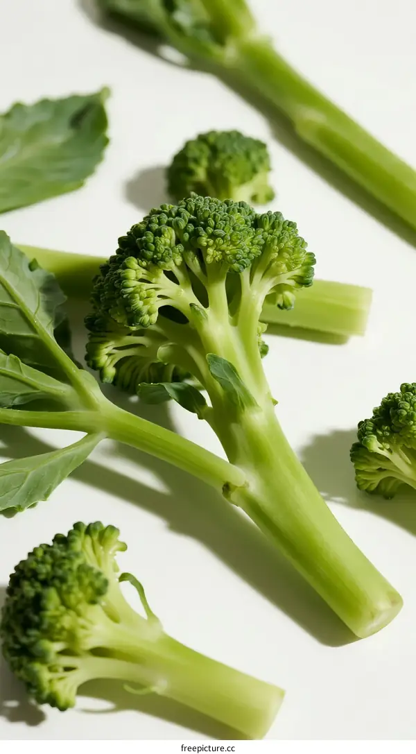 Fresh Green Broccoli Florets with Stems on White Background