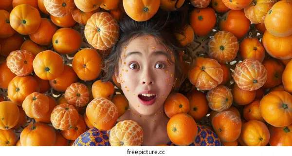 Close-up portrait of a young woman lying in a pile of oranges