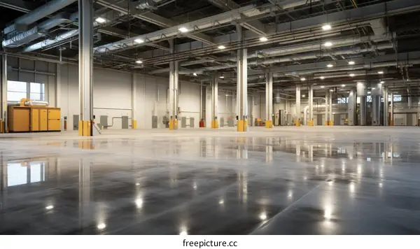 An empty warehouse with concrete floors and steel columns