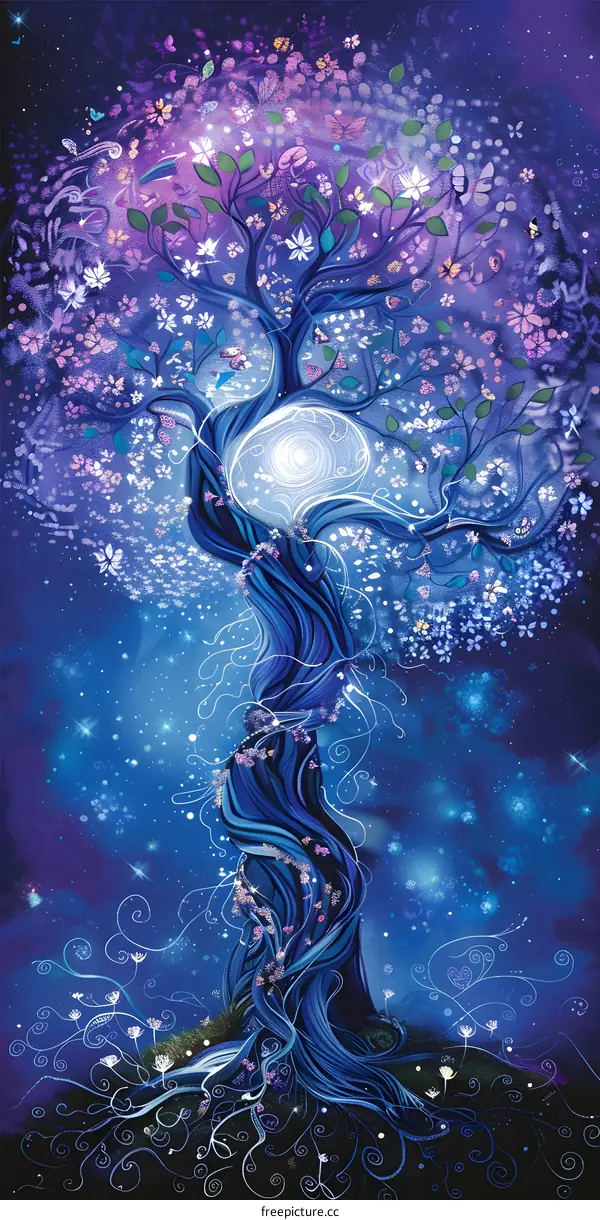 Blue Tree Illustration With White Flowers And Butterflies