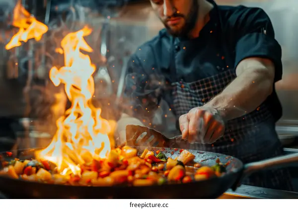 Stir-fried vegetables with fire in a frying pan by a chef