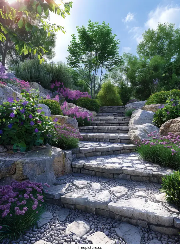 Garden Landscape Design: Steps, Stones, Flowers, Trees, Grass, Sunlight, Sky, Clouds